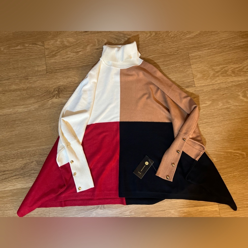 JM Collection Petite Turtleneck Color Bloqued Buttom Trim Poncho Sweater - Picture 5 of 9